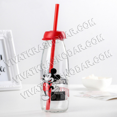 Бутылка "Микки Маус" 500мл 7*7*19,2см арт.4169778 с соломинкой прозрачный стекло/пластик