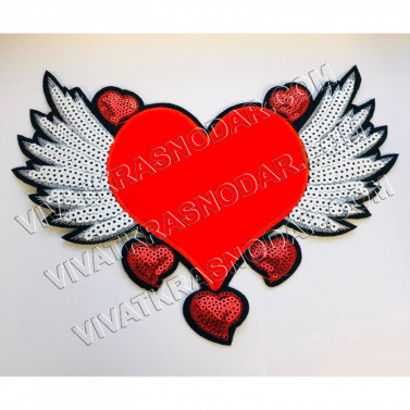Аппликация пришивная " Красное сердце с крыльями" 22*17см с пайетками арт.5570520
