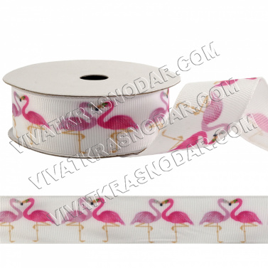 Лента репсовая с рисунком "Фламинго" 25мм арт.SF-3486 белый/розовый